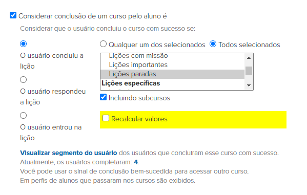 <p>Não há aulas no curso em si, há apenas o subcurso. <br>Considera-se como conclusão do curso a conclusão de todas as aulas pausadas em todos os subcursos.</p>